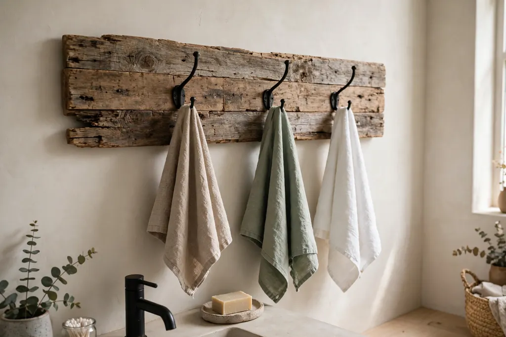 Reclaimed wood board with black iron hooks holding towels on a bathroom wall.