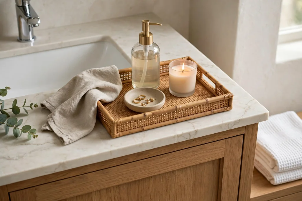 Bathroom vanity counter with a tray holding a soap dispenser, small dish, and candle.