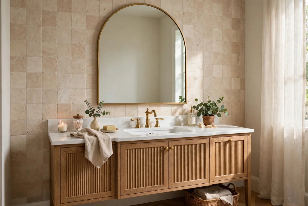 Bathroom vanity with an arched mirror above a white sink and brass faucet.