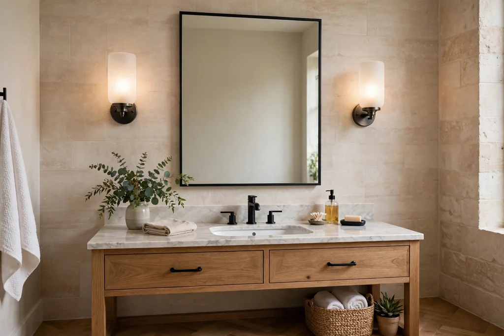 Bathroom vanity mirror flanked by two wall sconces with frosted glass shades.