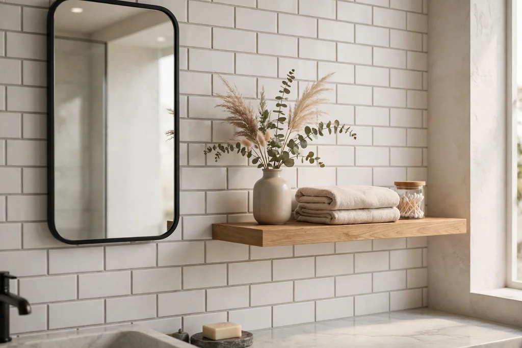 Wood floating shelf beside a bathroom mirror holding a vase, folded towel, and jar.