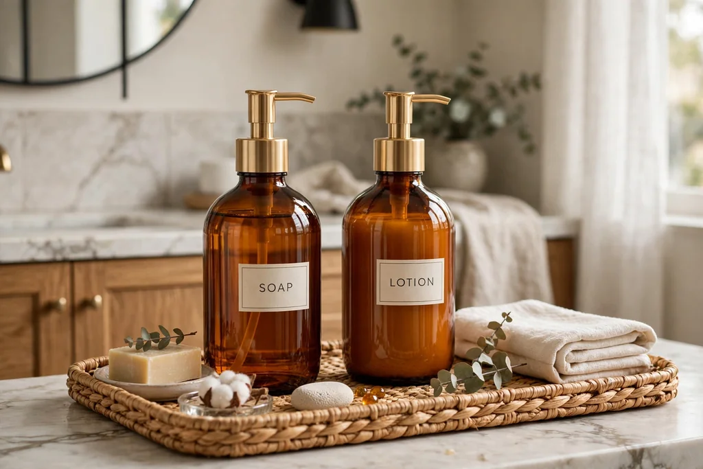 Matching amber glass refillable soap and lotion dispensers on a bathroom vanity tray.