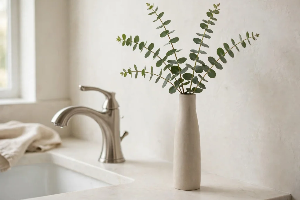 Slim vase with eucalyptus stems beside a bathroom faucet on a light counter.