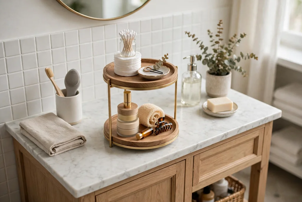 Two tier stand on a bathroom vanity holding small daily items in a neat stack.
