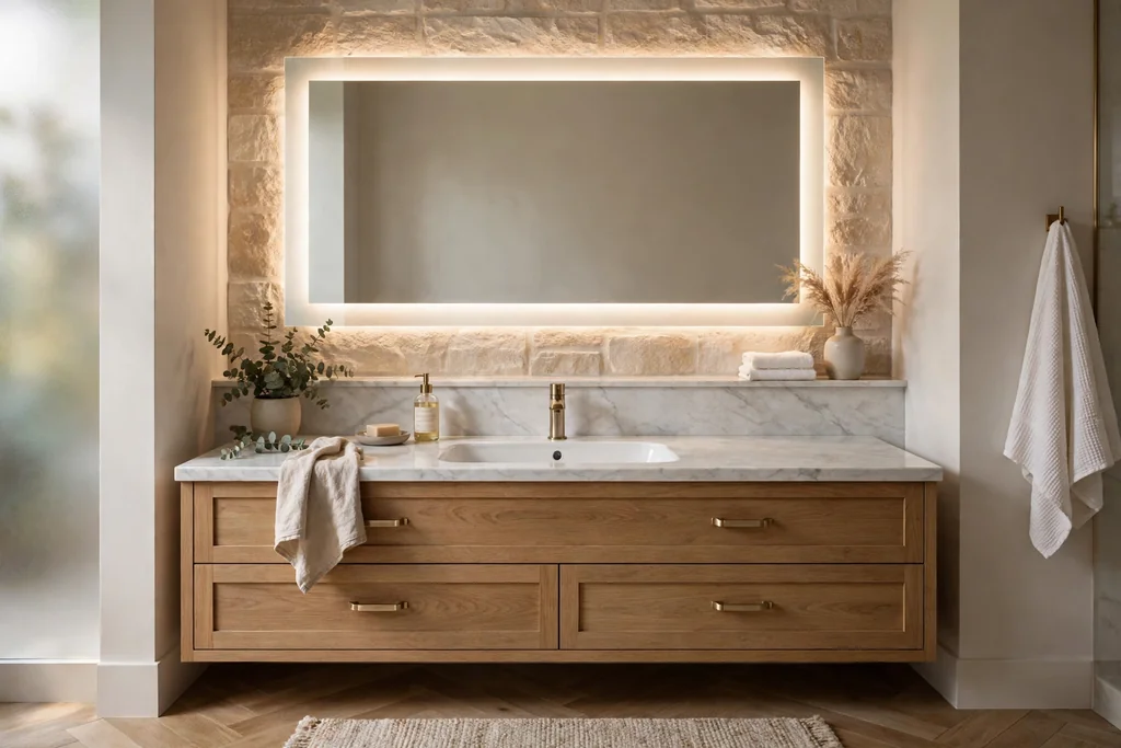 Bathroom vanity with a backlit LED mirror glowing softly around a white sink.