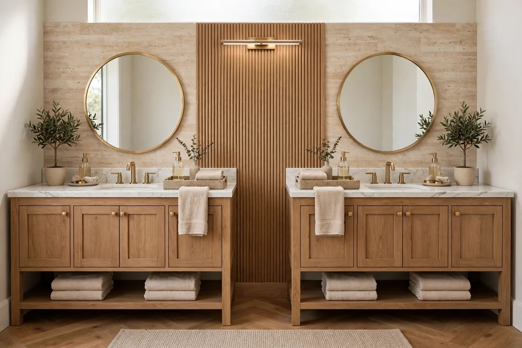 Symmetrical double bathroom vanity with matching trays, dispensers, and hand towels.