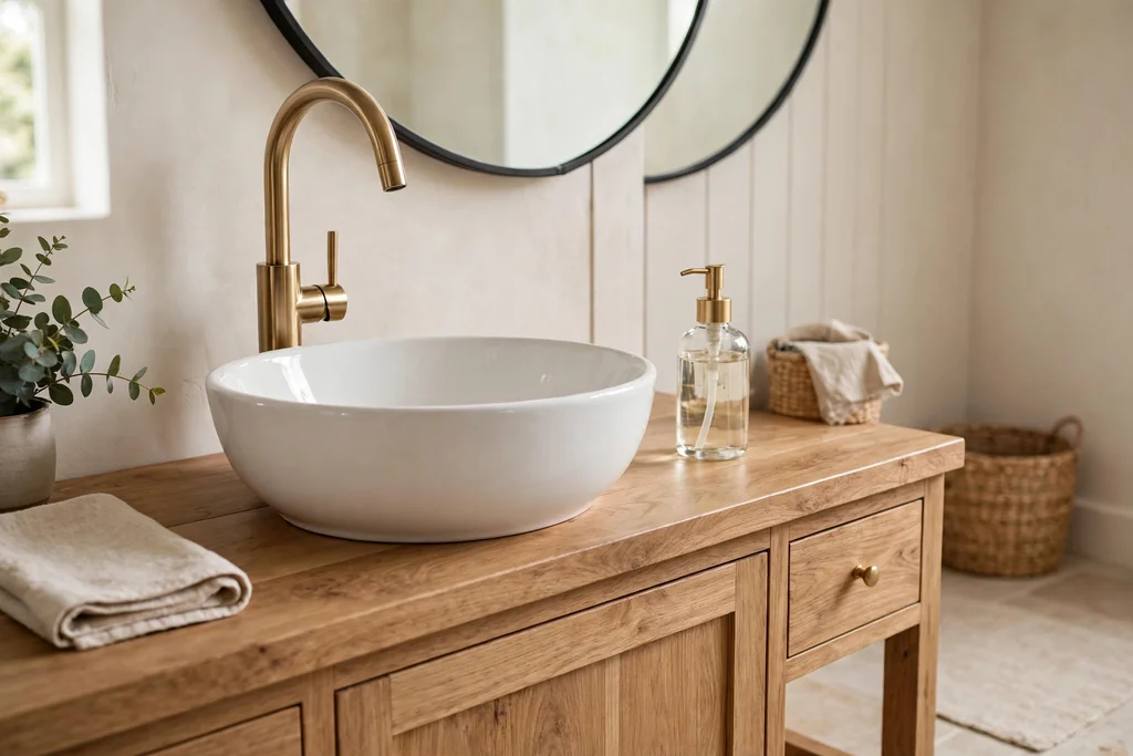 White ceramic vessel sink on a wood vanity counter with a tall faucet.