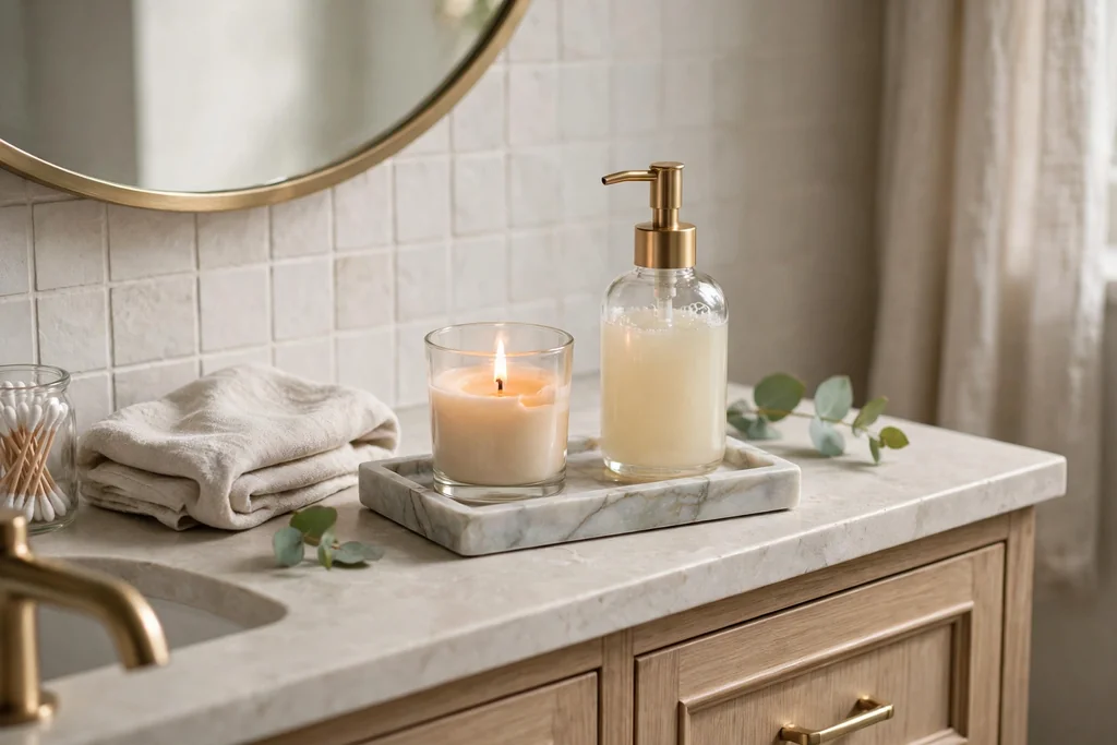 Small marble tray on a bathroom vanity holding a candle and soap dispenser.