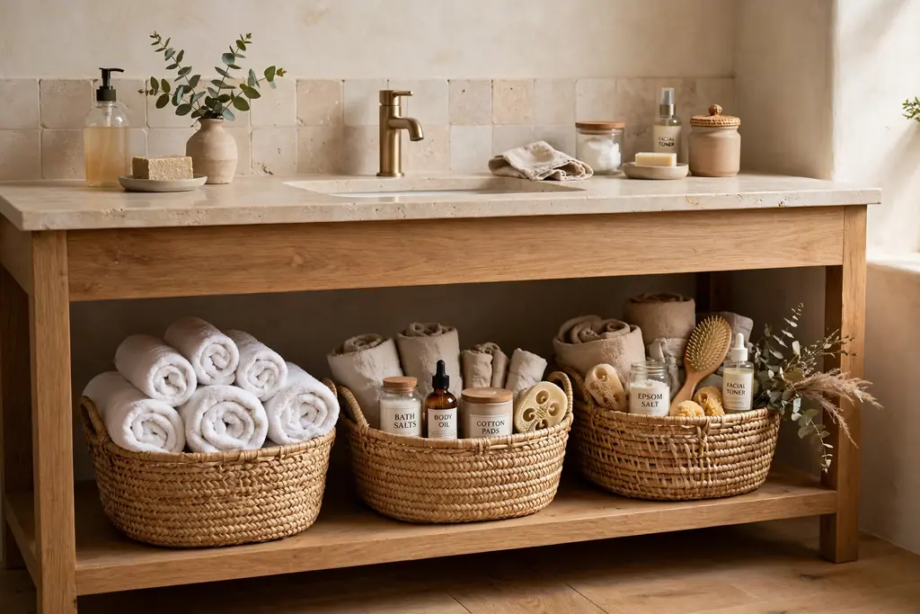 Woven baskets under an open bathroom vanity shelf holding rolled towels.