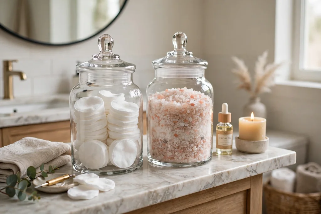 Clear glass apothecary jars holding cotton pads and bath salts on a bathroom vanity.