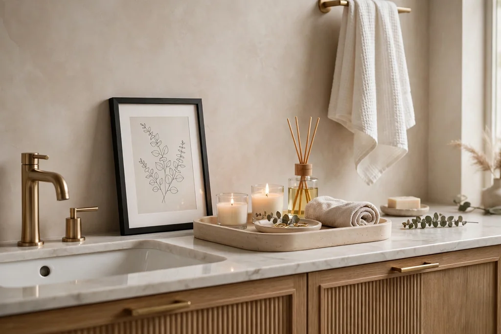 Small framed print leaning against the wall behind a bathroom vanity.