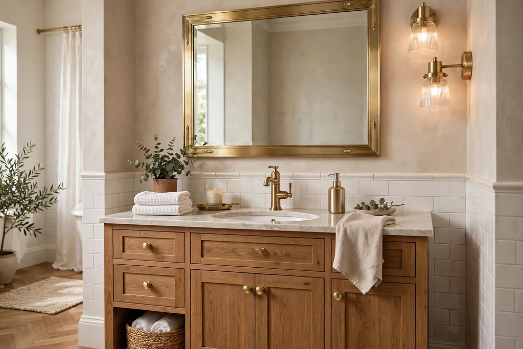 Bathroom vanity with brushed brass knobs, faucet, and mirror frame accents.