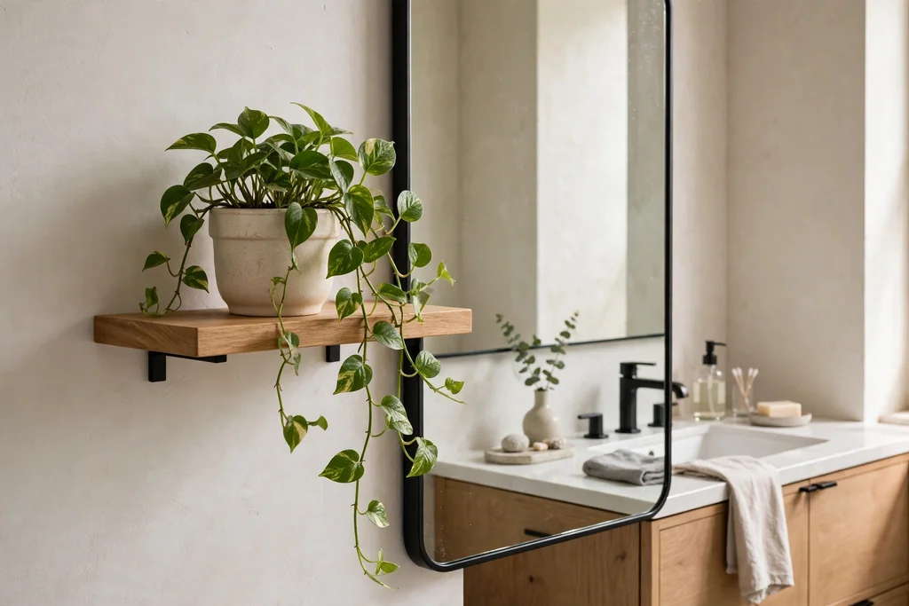 Small trailing pothos plant in a ceramic pot on a shelf beside a bathroom vanity.