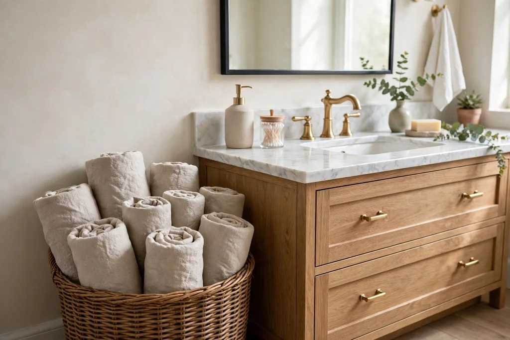 Rolled linen hand towels stacked in a basket beside a bathroom vanity.