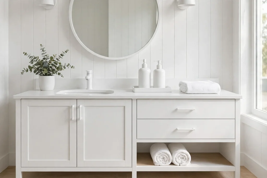 All white bathroom vanity with a white tray, white dispensers, and white towel.