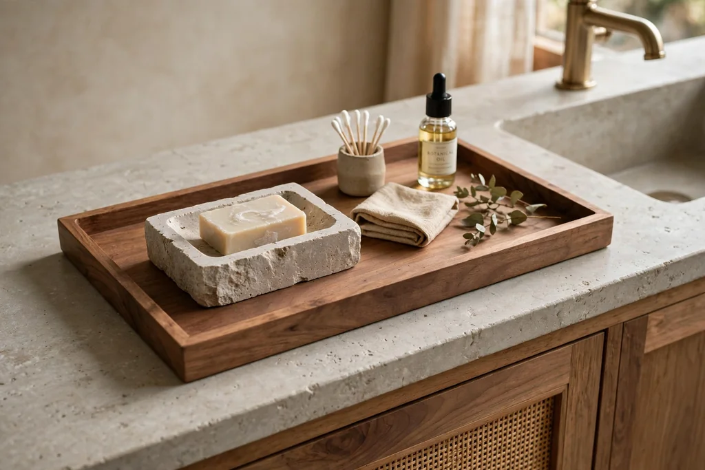 Warm wood bathroom vanity tray with a stone soap dish on a stone counter.