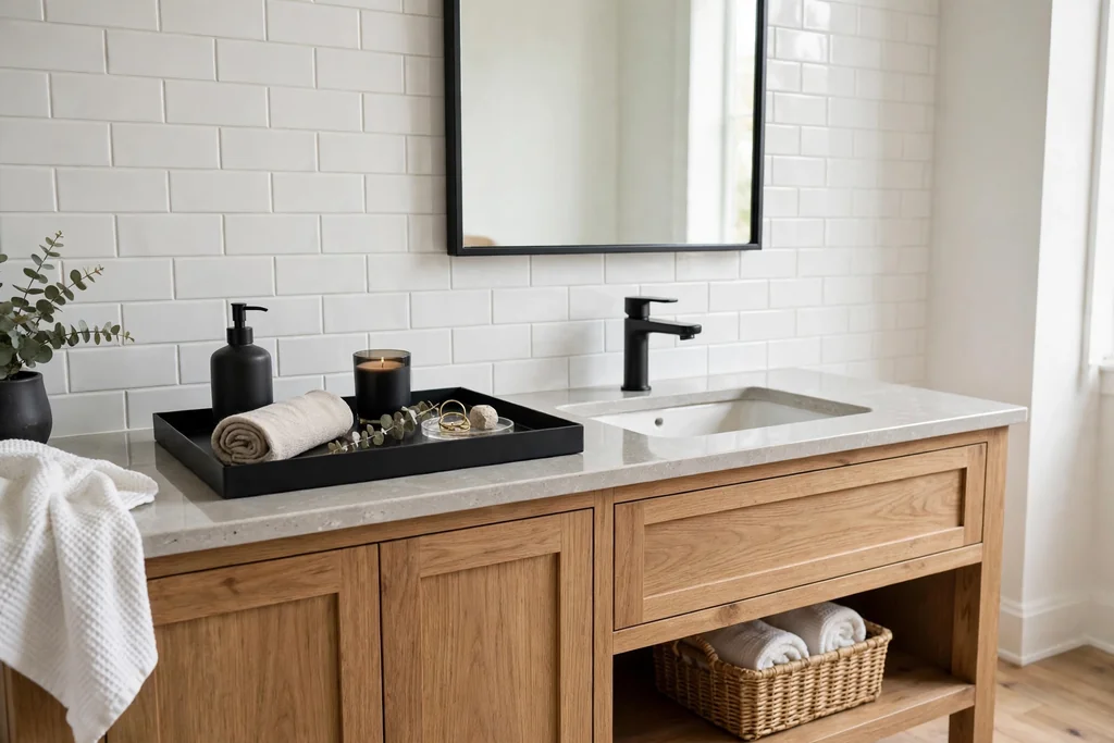 Bathroom vanity with matte black tray, faucet, and framed mirror against white tile.