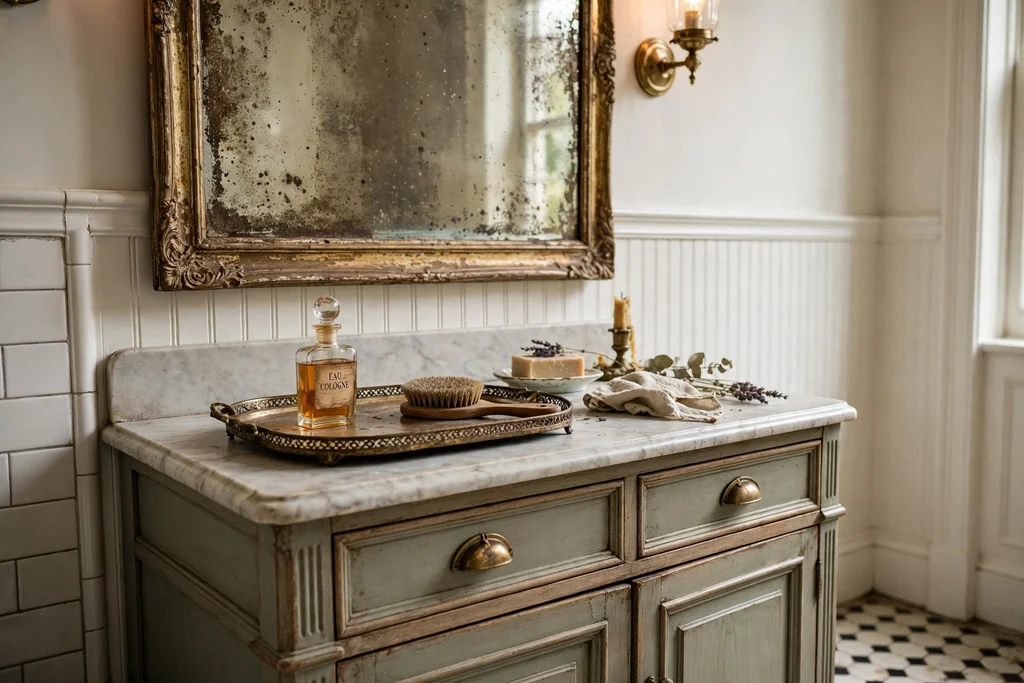 Vintage style tray with an aged mirror above a classic bathroom vanity.