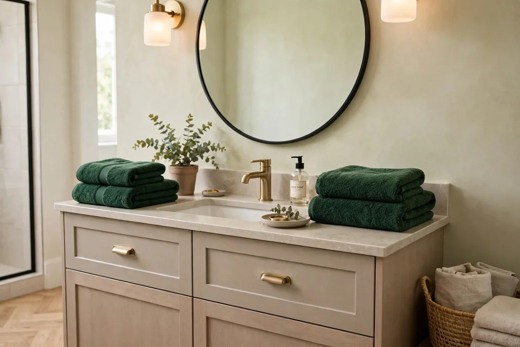 Bathroom vanity with deep green towels as the main color accent.