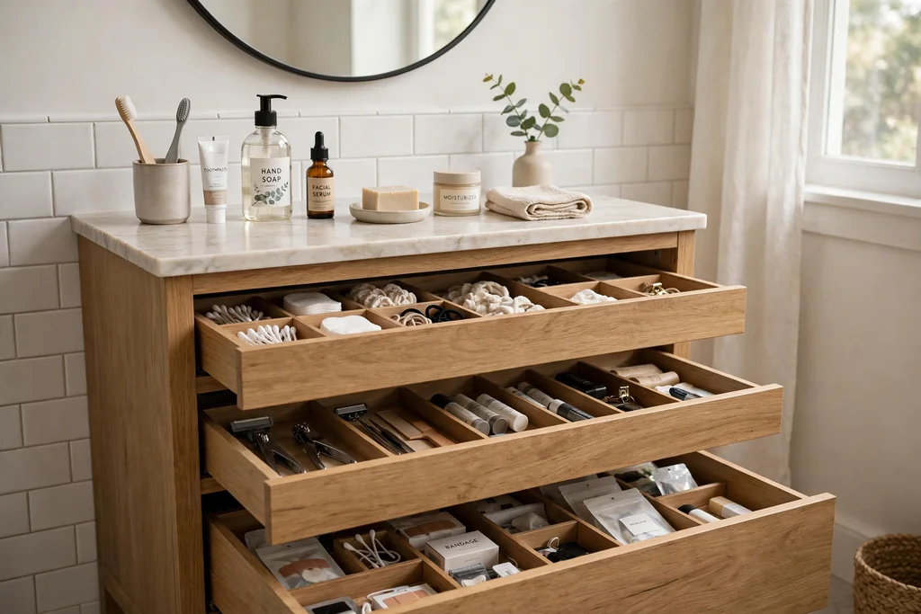 Tidy bathroom vanity counter with only daily items out and drawer organizers below.