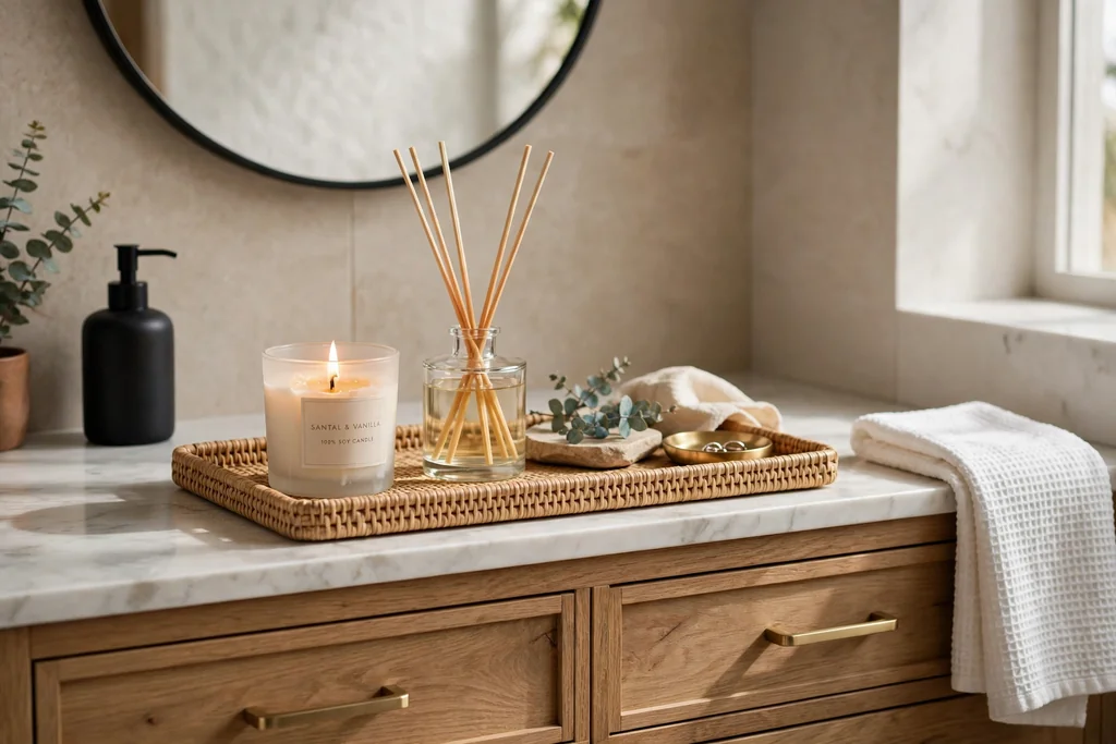 Candle and reed diffuser on a tray on a bathroom vanity.