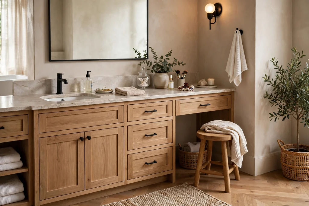 Small wood stool beside a wide bathroom vanity creating a dressing corner.