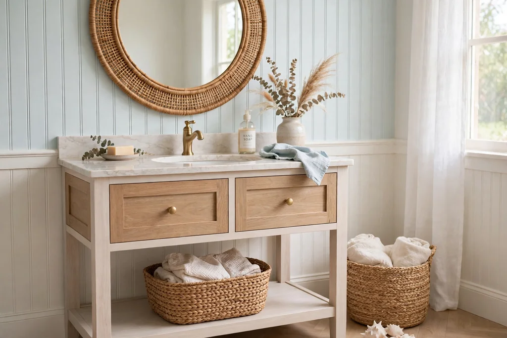 Bathroom vanity with a rattan mirror frame and seagrass basket.