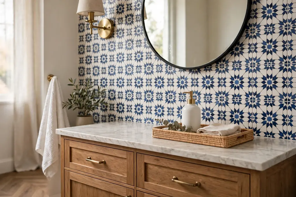 Bathroom vanity with a patterned tile backsplash and a simple tray on the counter.