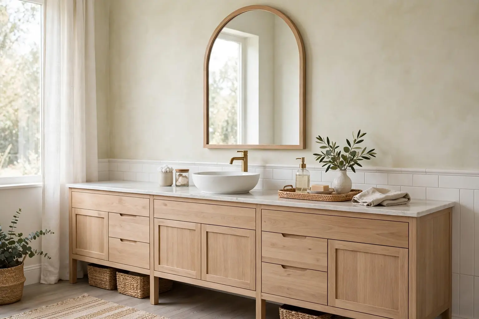 Wide bathroom vanity with a light wood cabinet, arched mirror, tray, and soft daylight.