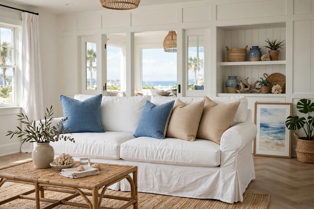 A white slipcovered sofa with blue and sand throw pillows in a bright coastal living room.