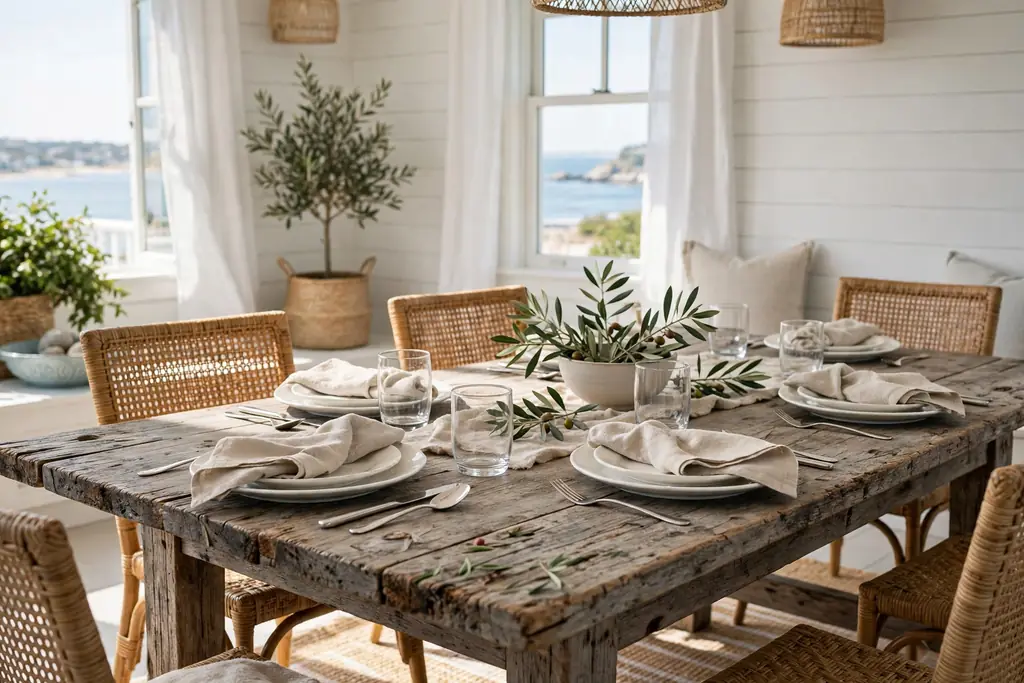 A weathered wood dining table set with white plates and linen napkins in a bright dining room.
