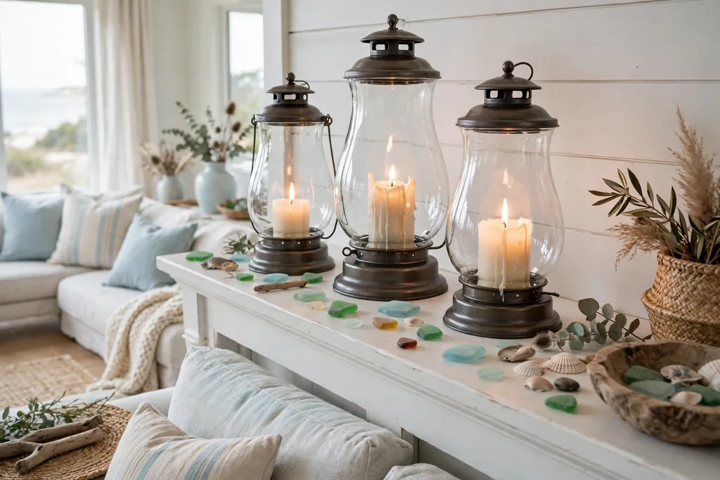 Glass hurricane lanterns with candles and sea glass on a white mantel.