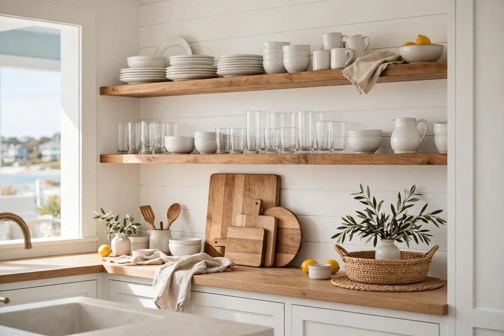 Open kitchen shelving with white ceramics, clear glasses, and wooden boards.