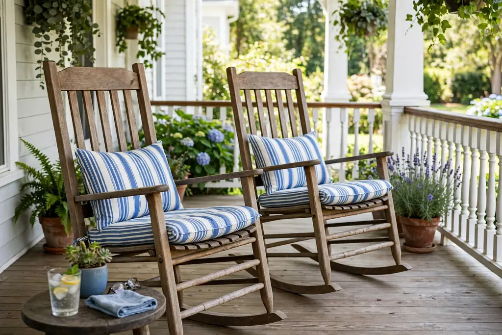Porch rocking chairs with blue and white striped cushions and a small side table.