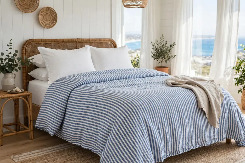 A bed with blue and white striped linen bedding and plain white pillows in a bright bedroom.