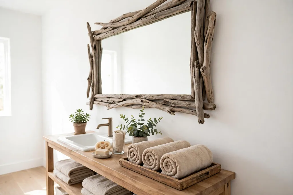 A bathroom with a driftwood framed mirror, rolled sand towels on a wooden tray, and white walls.
