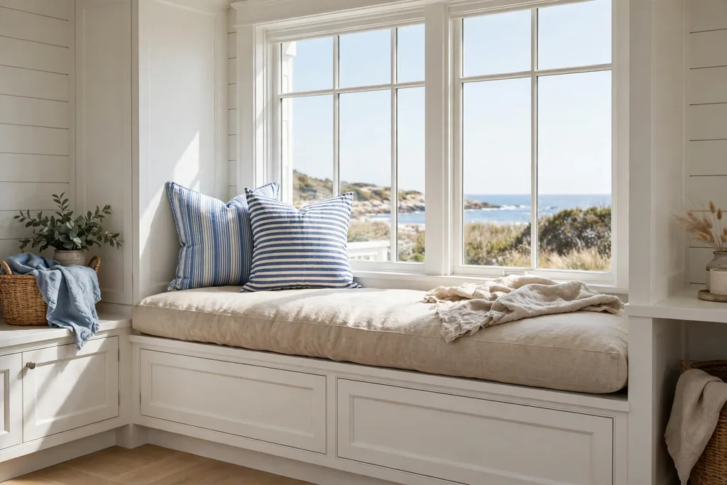 A built-in window seat with a thick linen cushion and blue striped pillows beside a bright window.