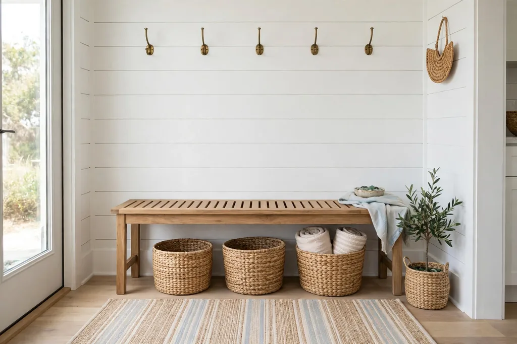 An entryway bench with wall hooks, woven baskets below, and a flat weave rug.