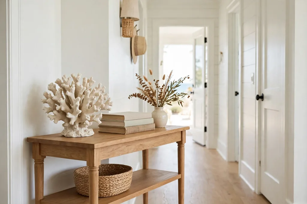 A hall console styled with a ceramic coral replica, stacked books, and a small vase of dried stems.
