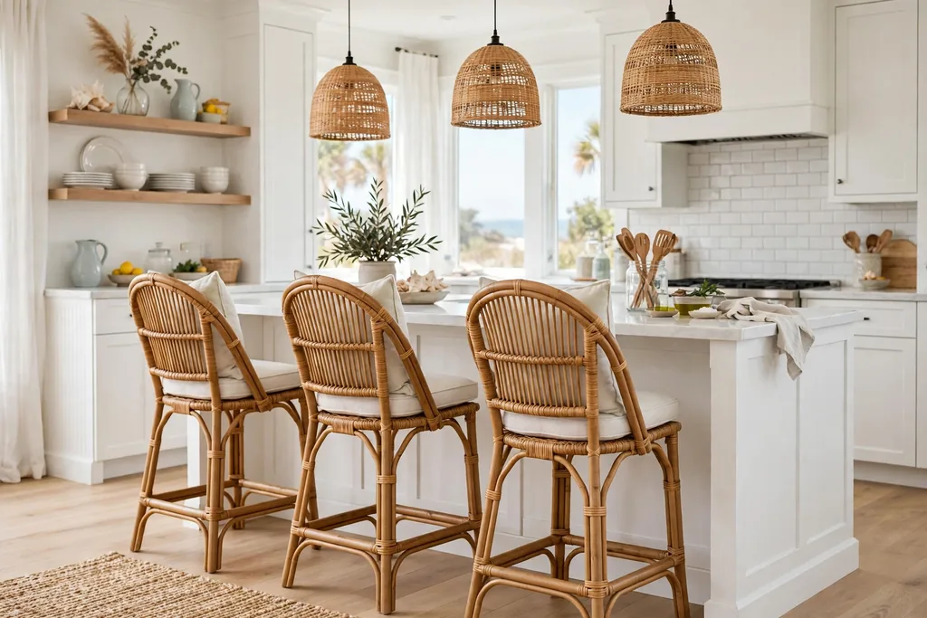 Rattan bar stools with pale cushions at a white kitchen island.