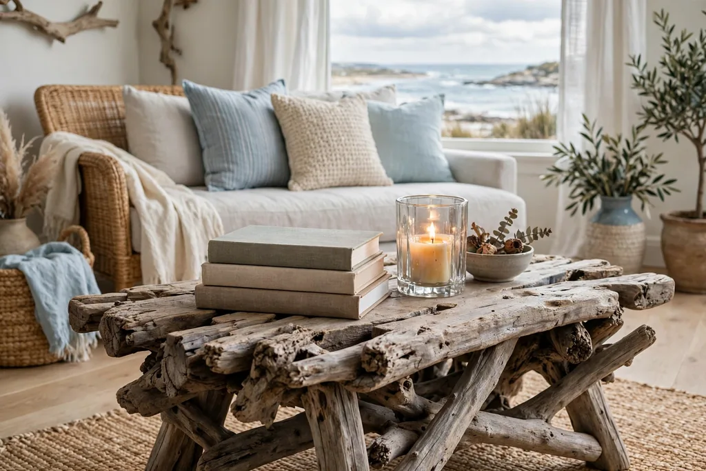 A driftwood coffee table with a stack of books and a glass candle holder in a coastal living room.