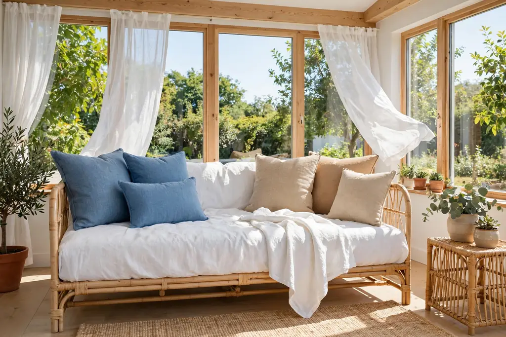 A sunroom daybed with white linen bedding and blue and sand cushions in bright daylight.