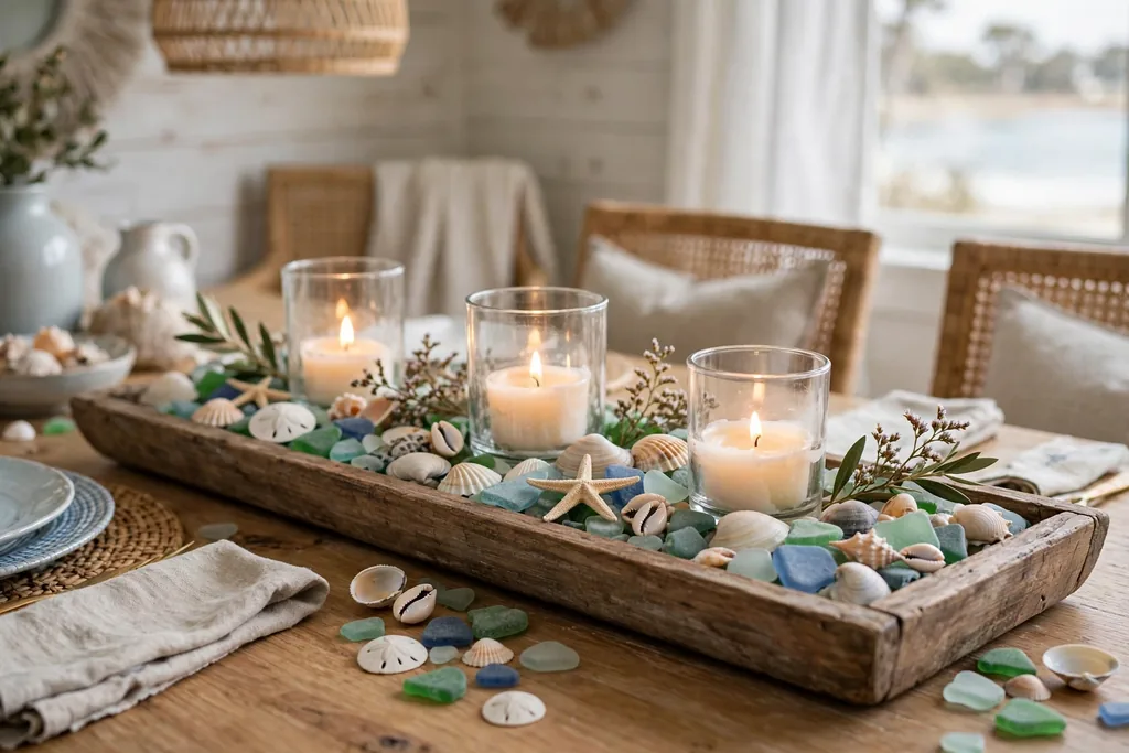 A long wooden tray centerpiece with shells, sea glass, and glass candle holders on a dining table.