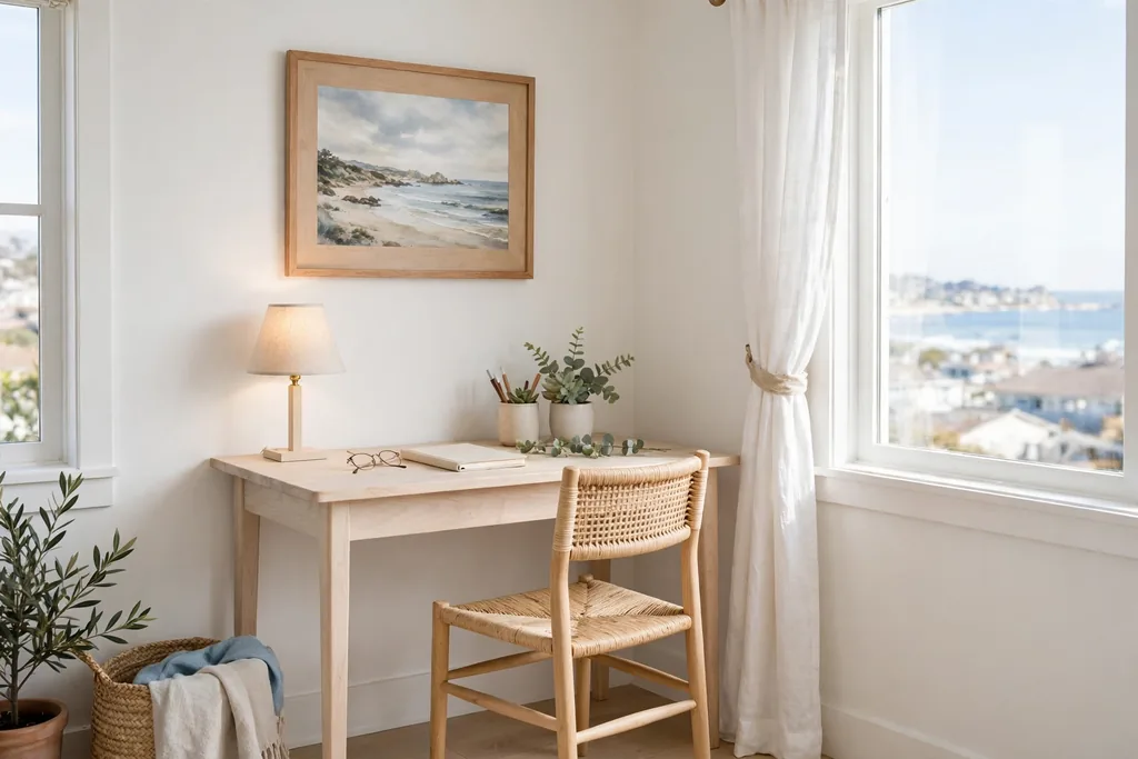 A pale wood desk nook with a simple chair, a small lamp, and a framed shore print in a bright corner.