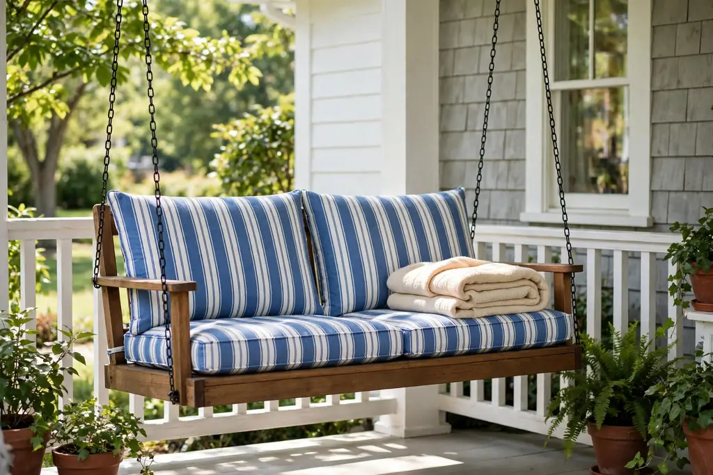 A porch swing with blue and white striped cushions and a folded throw in daylight.