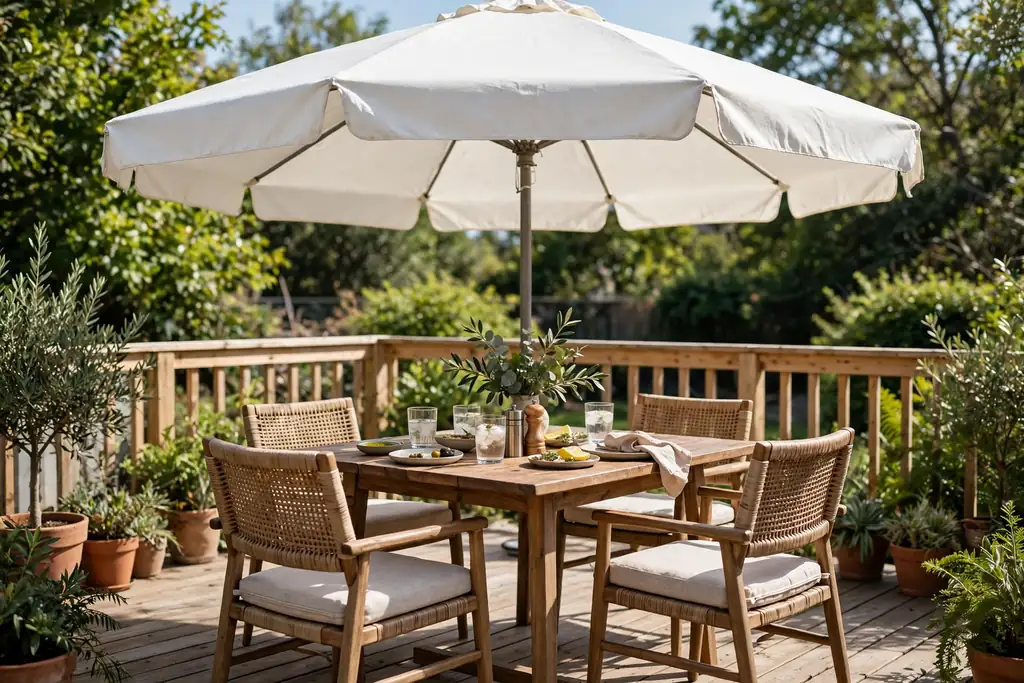 An outdoor dining table and chairs on a deck under a large white canvas umbrella.