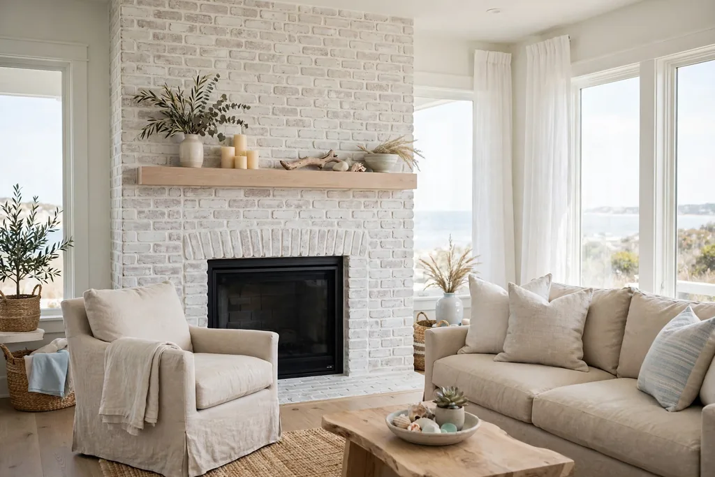 A living room with a whitewashed brick fireplace surround, linen seating, and a light mantel display.