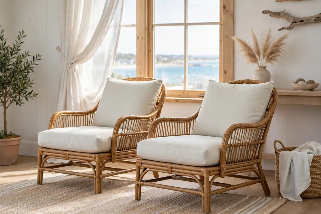 A pair of rattan lounge chairs with pale cushions beside a bright window.