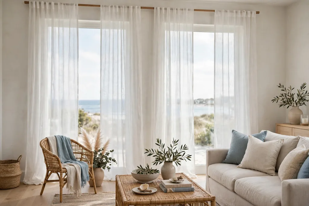 Sheer white linen curtain panels on tall living room windows in soft daylight.