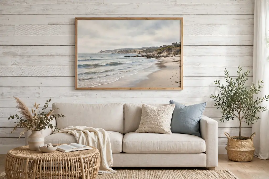 A whitewashed plank accent wall behind a sofa with one large framed shore print.